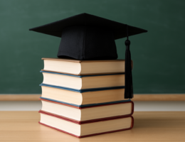 A stack of books topped with a graduation cap in front of a green chalkboard