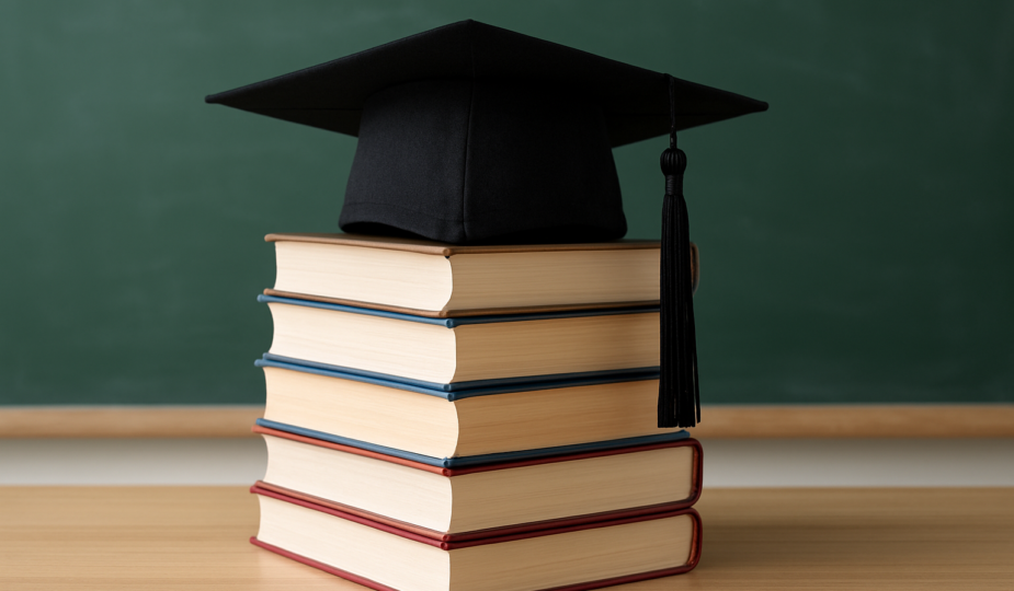 A stack of books topped with a graduation cap in front of a green chalkboard