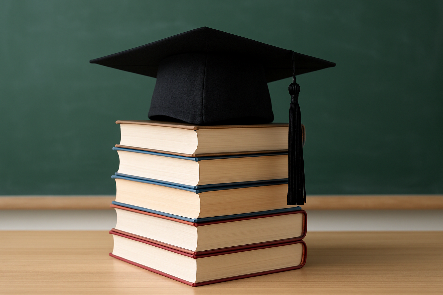 A stack of books topped with a graduation cap in front of a green chalkboard