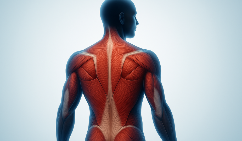 Illustration of a human muscular system from the back